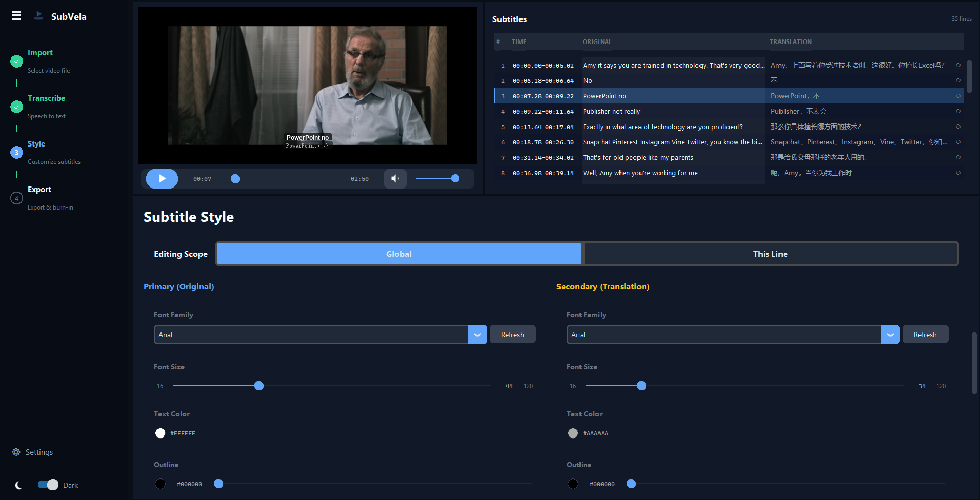 SubVela application interface showing video player, subtitle timeline, transcription controls, and style editor
